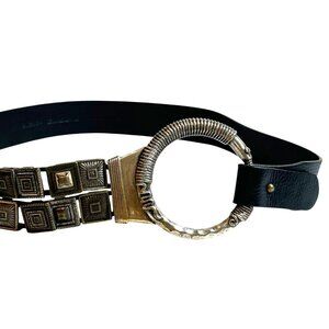 Chico's Black Leather and Pewter Metal Boho Casual Chunky Belt Size Medium
